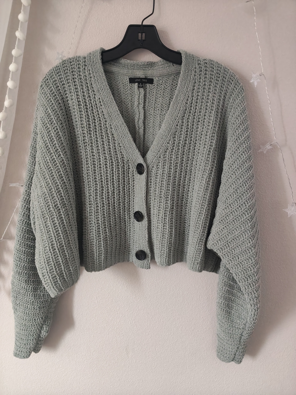 Love Tree Cropped Rib-Knit Cardigan Sweater in Sage Green